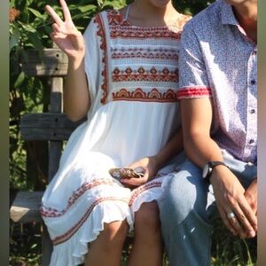 Free People Summer Dress in white, red, and gold.